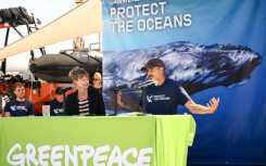 Marine experts and Greenpeace activists speak during a launch event for a Greenpeace report calling for ratification of a global oceans treaty to protect marine biodiversity and fish stocks