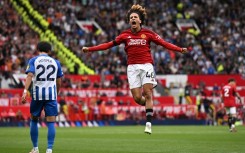 Hannibal Mejbri celebrates his first goal for Manchester United.
