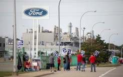 United Auto Workers members strike at the Ford Michigan Assembly Plant on September 16, 2023 in Wayne, Michigan