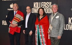 (L-R) Osage Nation leader Geoffrey Standing Bear, writer David Grann, Julie Standing Bear and Osage designer, Chad Renfro, at the movie's preview