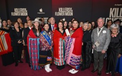 (Front L-R) Julie O'Keefe, Addie Roanhorse, Osage Nation Princess Lawren "Lulu" Goodfox, Osage Nation Principal Chief Geoffrey Standing Bear, Julie Standing Bear, Osage Nation Princess Gianna "Gigi" Sieke, Chad Renfro attend the premiere of "Killers of the Flower Moon"  in New York September 27, 2023