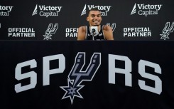 San Antonio Spurs French center Victor Wembanyama speaks at the San Antonio Spurs media day on Monday