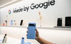 A Google Pixel 8 pro phone is displayed during a product launch event  in New York