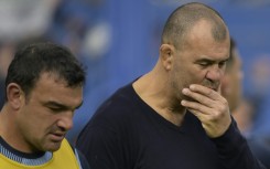 Argentina coach Michael Cheika (R) with hooker Agustin Creevy