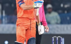 All round style: Netherlands' Bas de Leede celebrates after scoring a half-century to follow his four wickets