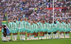 South Africa's players line up for the national anthems ahead of their Rugby World Cup Pool B match against Scotland