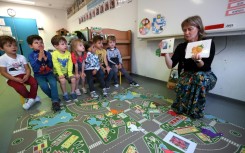 Alsatian teacher Sandra Cronimus in her class in Brumath, France