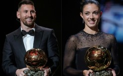 (COMBO) Lionel Messi and Aitana Bonmati with their trophies after winning the men's and women's Ballon d'Or awards on Monday