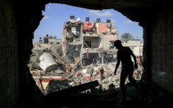Buildings destroyed during Israeli bombardment in Khan Yunis, southern Gaza, on November 8, 2023