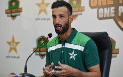 Pakistan captain Shan Masood at a press conference at the Gaddafi Cricket Stadium in Lahore