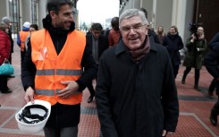IOC head Thomas Bach (R) and president of the Paris 2024 Organising Committee for the Olympic and Paralympic Games, Tony Estanguet (L)