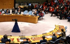 Palestinian Ambassador to the United Nations Riyad Mansour speaks during a United Nations Security Council meeting on Gaza at UN headquarters in New York on December 8, 2023