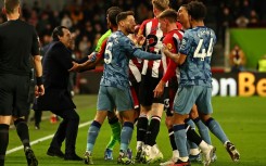 Aston Villa and Brentford players clash at the end of their Premier League match