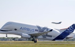 An Airbus 'BelugaXL' aircraft takes off from a runway at Toulouse-Blagnac on July 19, 2018