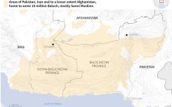 Map of Baluchistan, the border region between Iran, Afghanistan and Pakistan, home to 10 million Baluch, most of them Sunni Muslims
