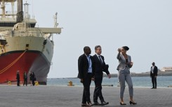 US Secretary of State Antony Blinken (C) visited Porto da Praia Pier 1 in Praia, the capital of Cape Verde