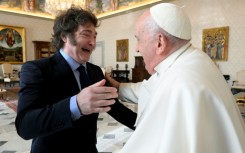 This photo taken and handout on February 12, 2024 by The Vatican Media shows Pope Francis during a private audience with Argentinian President Javier Milei in The Vatican.
