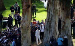 Tiger Woods eyes a tough shot between trees in the first round of the US PGA Tour Genesis Invitational