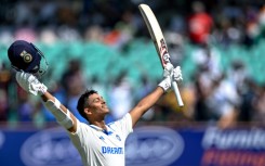 India's Yashasvi Jaiswal celebrates after scoring a double century during the fourth day of the third Test cricket match between India and England  