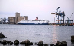 A Saudi-flagged ferry carrying war evacuees, at Port Sudan on April 25, 2023 -- international trade fell 23 percent in 2023, Sudan's port authorities said