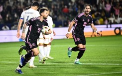 Lionel Messi celebrates his equalizer against LA Galaxy Dignity Health Sports Park on Sunday.