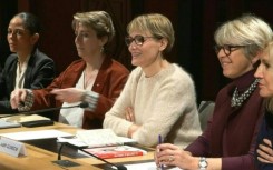 French actress Judith Godreche arrives at the Senate for a hearing