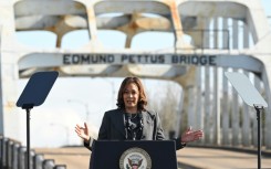 US Vice President Kamala Harris speaks at the Edmund Pettus Bridge during an event to commemorate the 59th anniversary of "Bloody Sunday" in Selma, Alabama