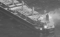 This image from the US CENTCOM shows the bulk carrier M/V True Confidence after it was hit by a missile