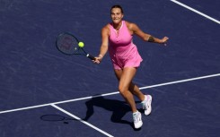 Aryna Sabalenka plays a forehand volley on her way to a straight sets victory over Emma Raducanu at the Indian Wells Masters on Monday