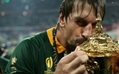 Springbok lock Eben Etzebeth kisses the Webb Ellis Cup after South Africa won the 2023 Rugby World Cup in France