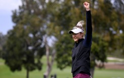 American Nelly Korda celebrates her birdie at the first playoff hole to win the LPGA Seri Pak Championship in Los Angeles