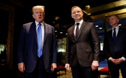 Donald Trump (L) met with Polish President Andrzej Duda at Trump Tower in New York, one in a series of meetings with foreign dignitaries as the Republican former US president campaigns for the White House in 2024