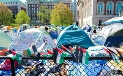 Palestinian flags are seen around the encampment on the campus of Columbia University in New York City on April 23, 2024