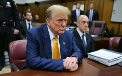Former US president Donald Trump and his attorney Emil Bove in Manhattan Criminal Court