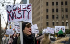 Unionized staff at Conde Nast are seen during a January 2024 walkout amid layoff announcements -- a deal was announced hours before the Met Gala