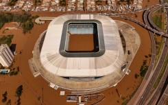 Aerial view of the flooded Arena do Gremio Stadium, of Brazilian football team Gremio, in Porto Alegre on May 7, 2024