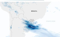 This handout satellite image courtesy of Maxar Technologies taken on May 7, 2024 shows the flooding along the Taquari River in Rio Grande do Sul