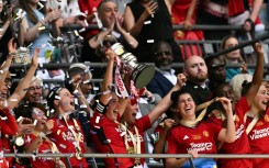 Manchester United celebrate winning the Women's FA Cup final against Tottenham