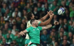 South Africa lock Eben Etzebeth (L) and Ireland flanker Peter O'Mahony contest a line-out during a 2023 Rugby World Cup pool match in Paris