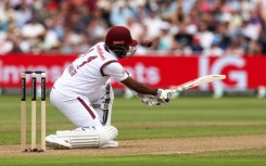 Fine fifty: West Indies captain Kraigg Brathwaite on the attack against England in the third Test at Edgbaston