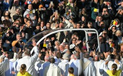 The Argentine pontiff, 87, arrived at the stadium in Brussels in bright morning sunshine