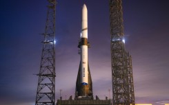 This handout photo courtesy of Blue Origin shows the New Glenn rocket on the launch pad at Launch Complex 36 at Cape Canaveral Space Force Station in Cape Canaveral, Florida