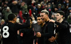 Aston Villa's Morgan Rogers (2nd R) celebrates after scoring against West Ham