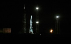 Blue Origin's New Glenn rocket is seen on the launch pad at the Kennedy Space Center in Cape Canaveral, Florida ahead of its maiden flight