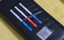 Tests strips, used to detect the presence of fentanyl and xylazine in different kinds of drugs, such as cocaine, methamphetamine, and heroin 