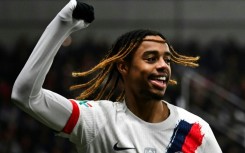 Paris Saint-Germain's French forward Bradley Barcola celebrates after scoring his team's second goal