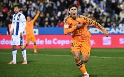 Real Madrid's Spanish forward Gonzalo Garcia celebrates scoring their third goal against Leganes