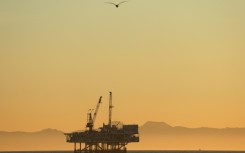 A gull flies with offshore oil and gas platform Esther in the distance on January 5, 2025 in Seal Beach, California; President Donald Trump is seeking to un-ban a prohibition on offshore oil drilling put in place by his predecessor Joe Biden