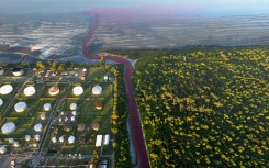 A stream on the outskirts of Buenos Aires turned blood red on Thursday, causing anxiety among residents who blamed it on pollution. 