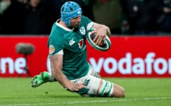 Ireland forward Tadhg Beirne scores a try during the Six Nations match against England in Dublin on February 1, 2025